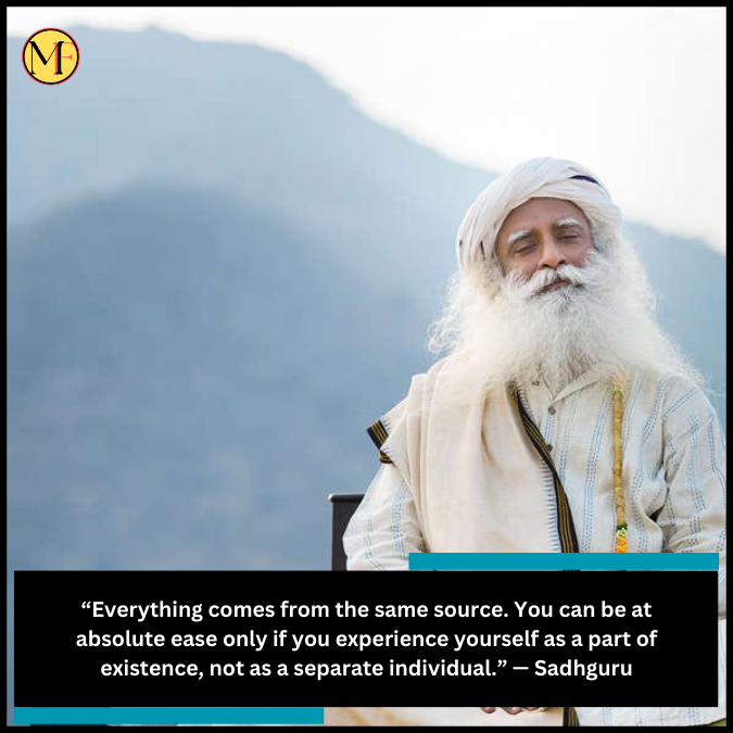 “Everything comes from the same source. You can be at absolute ease only if you experience yourself as a part of existence, not as a separate individual.” — Sadhguru