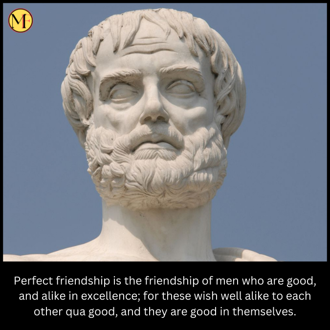 Perfect friendship is the friendship of men who are good, and alike in excellence; for these wish well alike to each other qua good, and they are good in themselves.