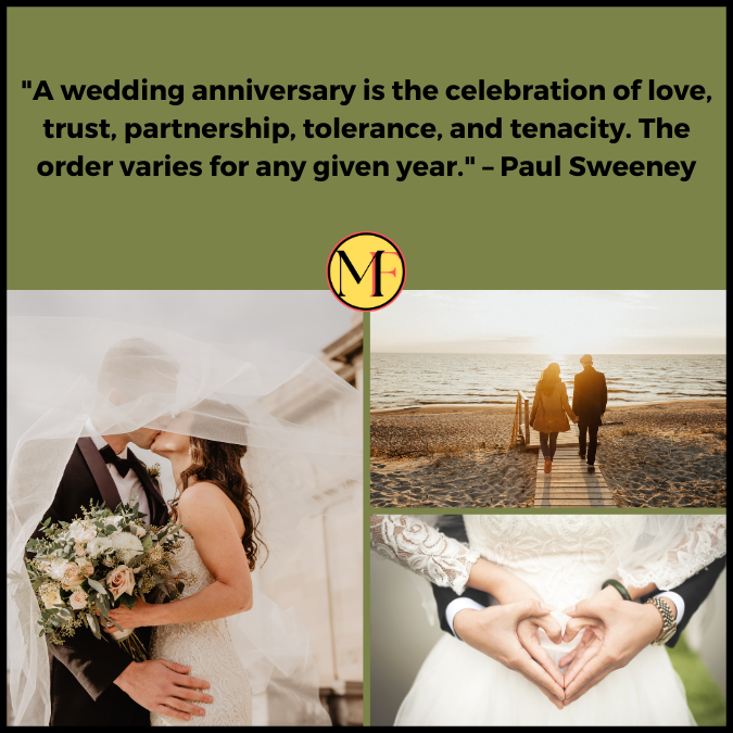 "A wedding anniversary is the celebration of love, trust, partnership, tolerance, and tenacity. The order varies for any given year." – Paul Sweeney