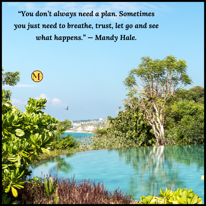 “You don’t always need a plan. Sometimes you just need to breathe, trust, let go and see what happens.” — Mandy Hale.